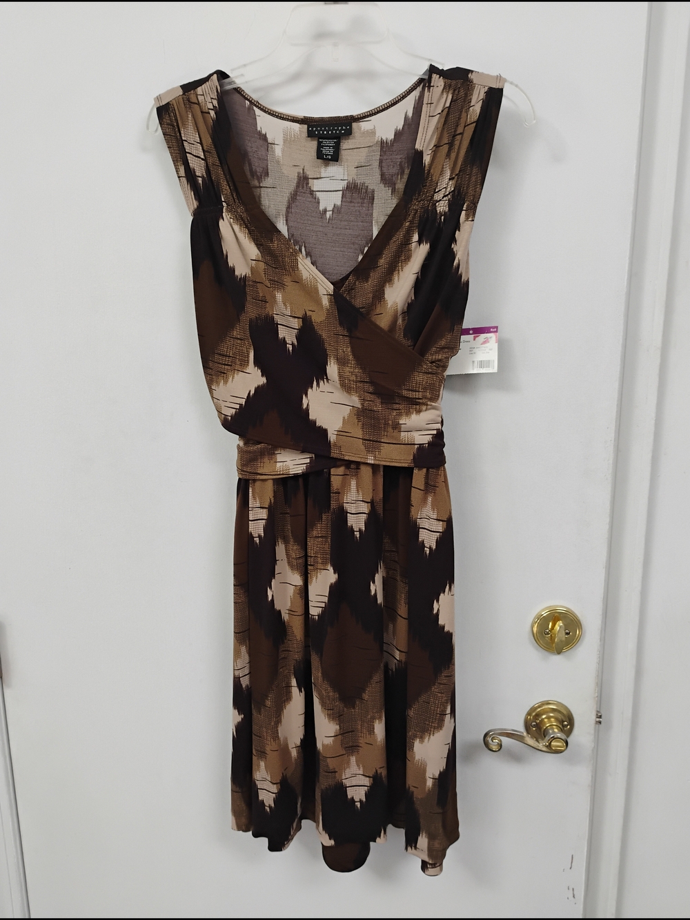 NWT Apostrophe Stretch Brown Abstract Wrap Dress Size L